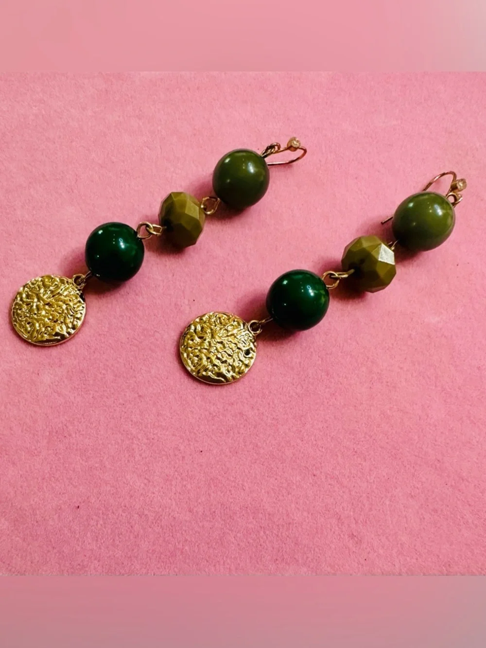 Green and Gold Beaded Dangle Earrings